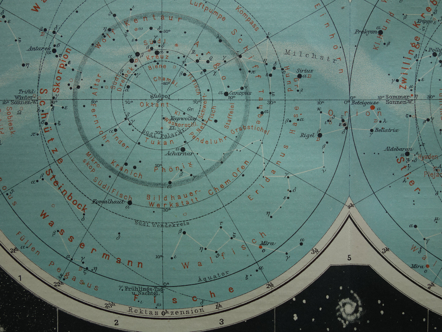 1921 oude kaart van de sterrenhemel antieke astronomie prent noordelijke en zuidelijke hemel vintage print