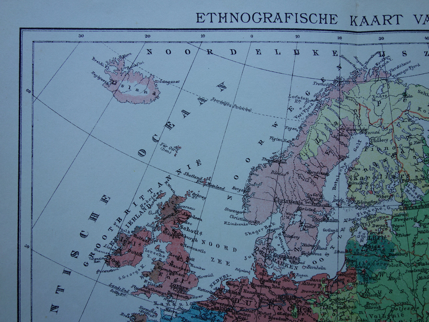 Oude etnografische kaart van Europa uit 1917 originele antieke landkaart etnografie van Europa continent vintage Nederlandse kaarten