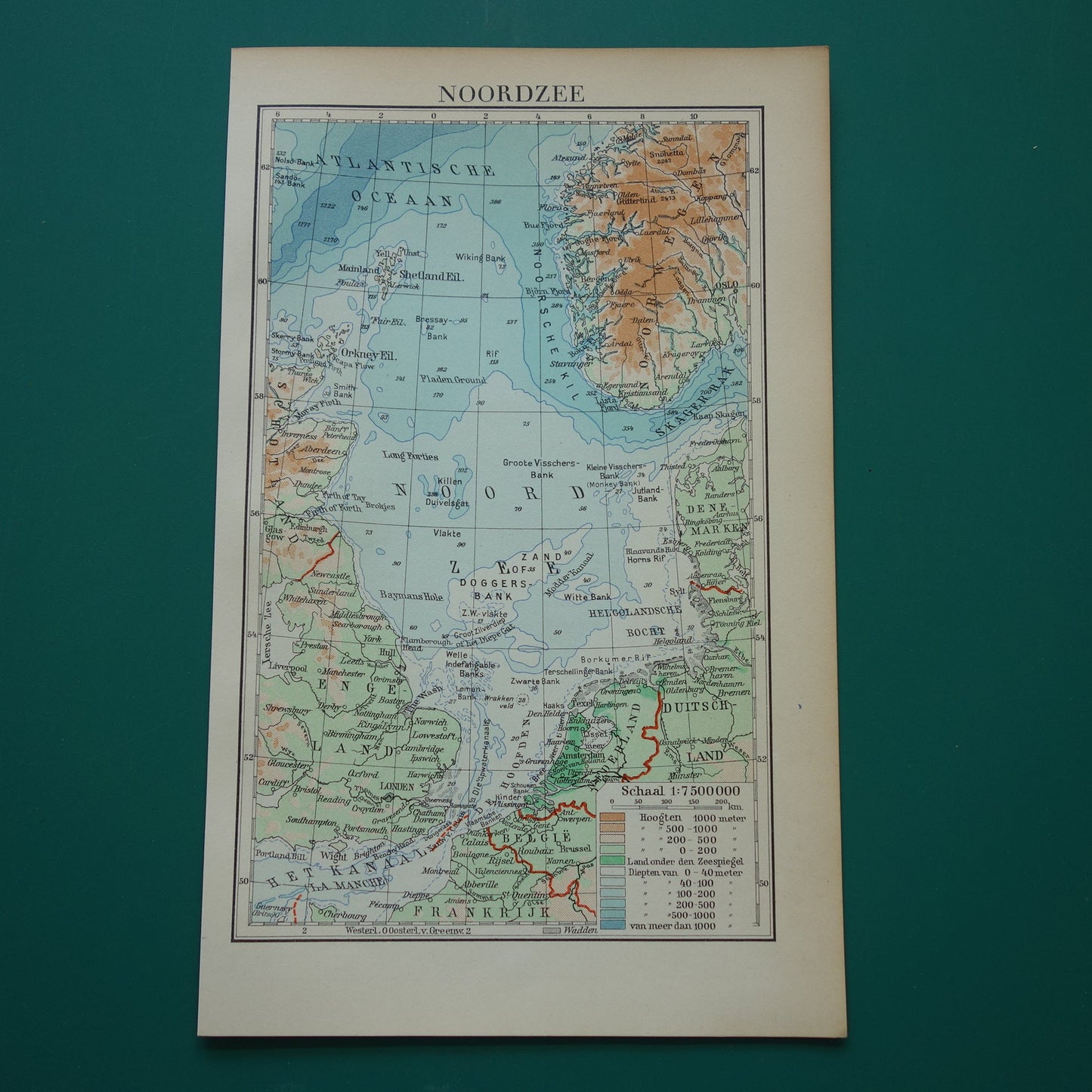 NOORDZEE oude kaart uit 1937 kleine originele Nederlandse kaart van de Noordzee zeekaart