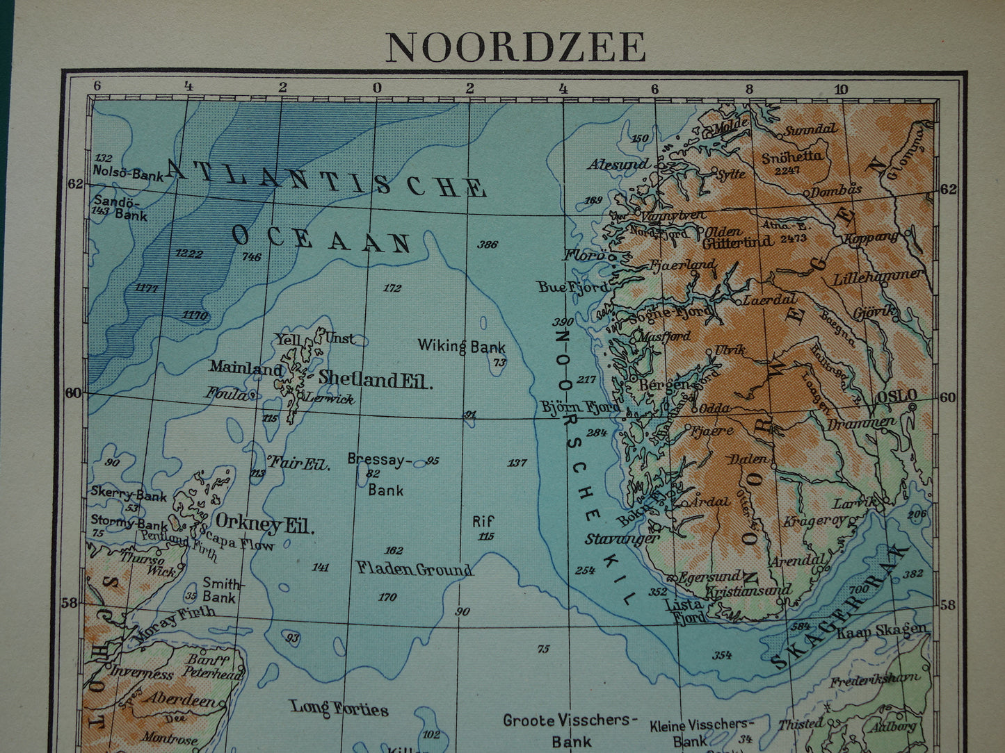 NOORDZEE oude kaart uit 1937 kleine originele Nederlandse kaart van de Noordzee zeekaart