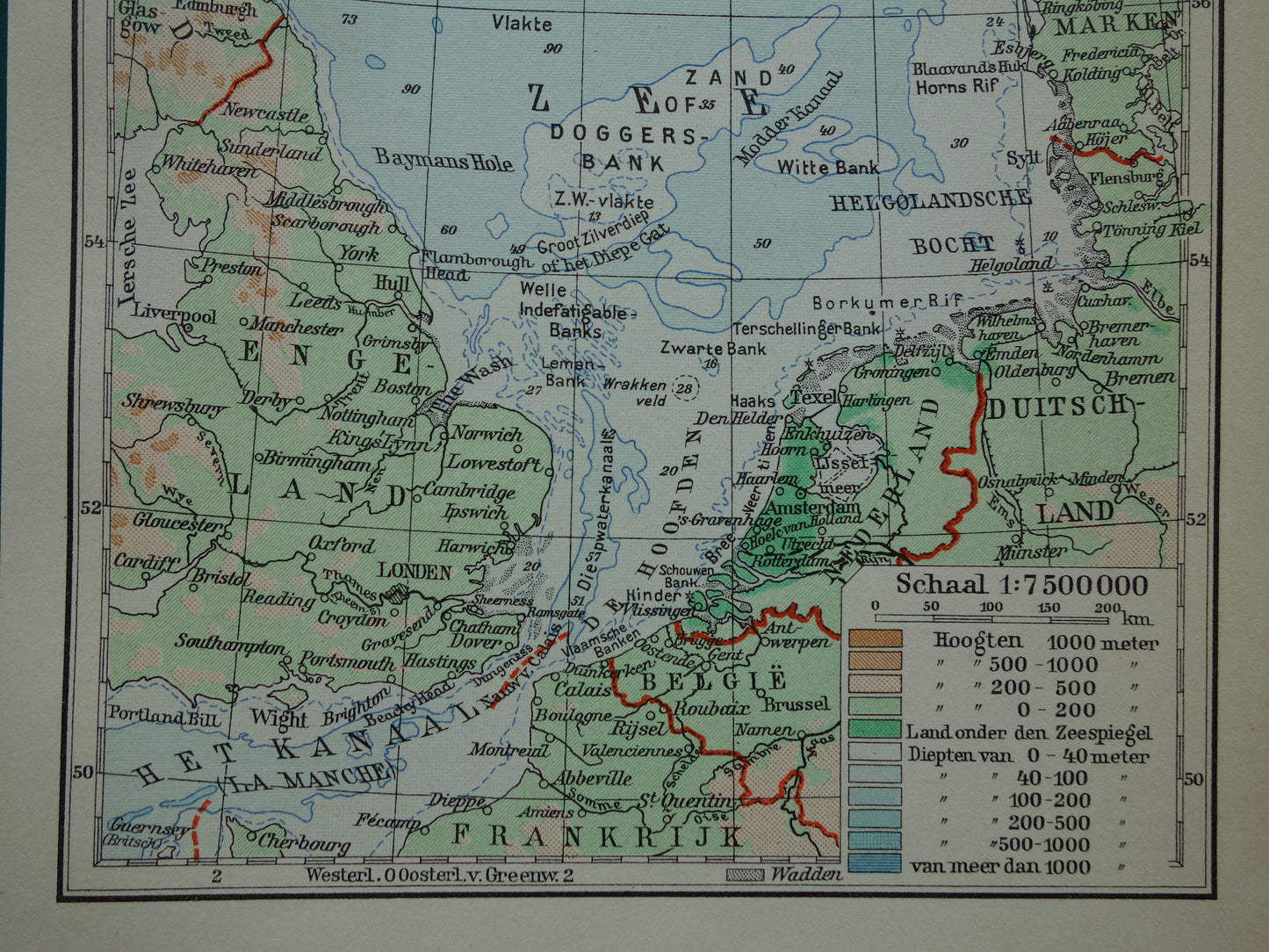 NOORDZEE oude kaart uit 1937 kleine originele Nederlandse kaart van de Noordzee zeekaart