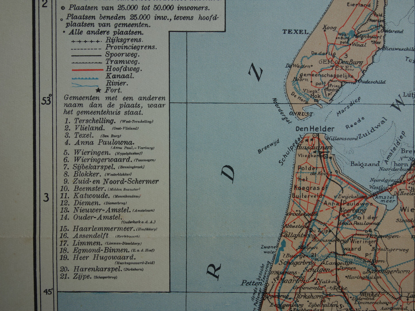 Oude kaart van de provincie Noord-Holland uit 1937 originele vintage landkaart Amsterdam Markerwaard Zuidwestpolder Nederlandse landkaarten