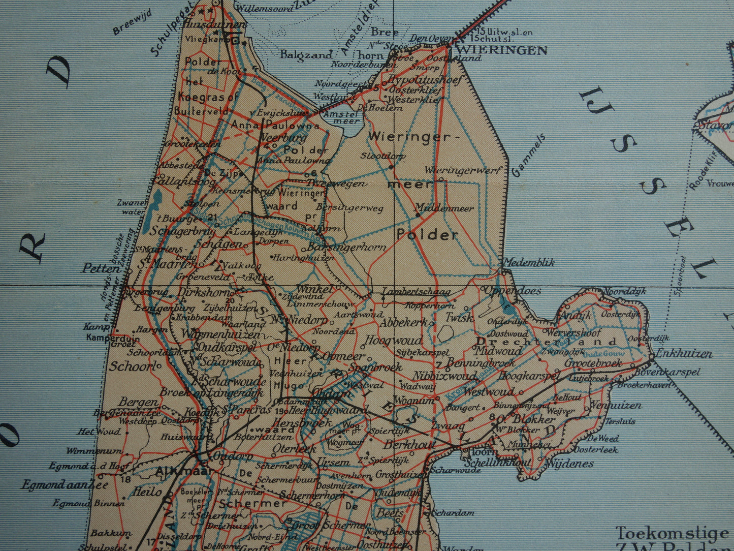 Oude kaart van de provincie Noord-Holland uit 1937 originele vintage landkaart Amsterdam Markerwaard Zuidwestpolder Nederlandse landkaarten