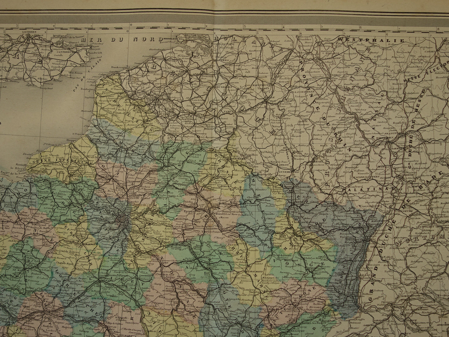 Oude landkaart van Frankrijk uit 1886 zeer grote antieke kaart Vintage handgekleurde kaarten