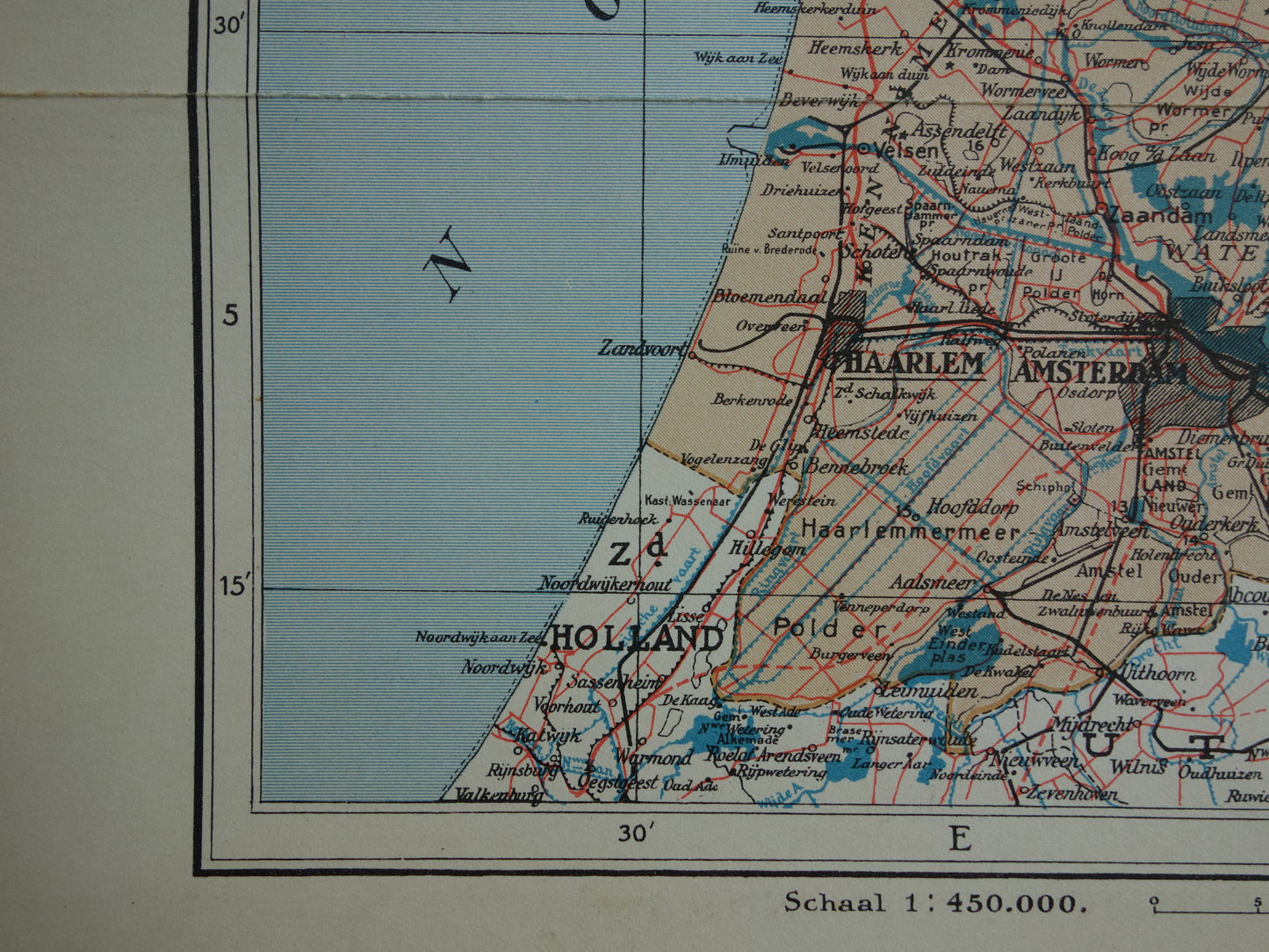 Oude kaart van de provincie Noord-Holland uit 1937 originele vintage landkaart Amsterdam Markerwaard Zuidwestpolder Nederlandse landkaarten
