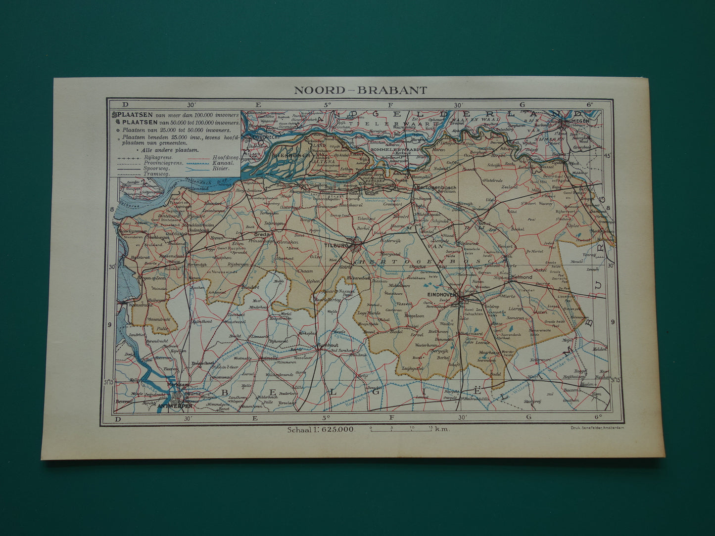 Noord-Brabant Kleine oude landkaart van de provincie Noord-Brabant uit 1937 originele vintage kaart