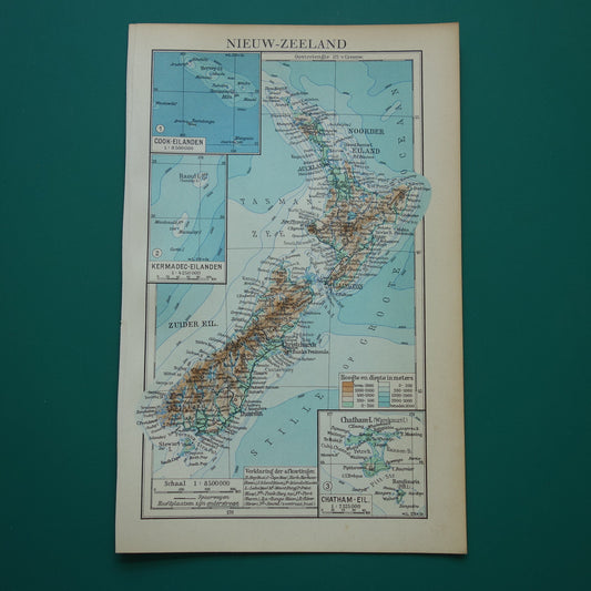 NIEUW-ZEELAND oude Nederlandse kaart uit 1937 kleine originele vintage kaart Nieuw-Zeeland