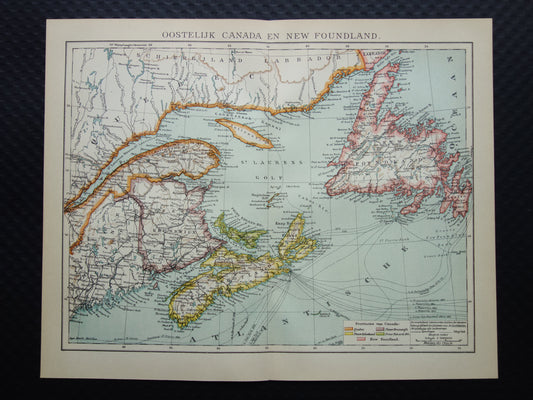 CANADA Antieke kaart van Newfoundland Nova Scotia Brunswick 1915 oude Nederlandse landkaart