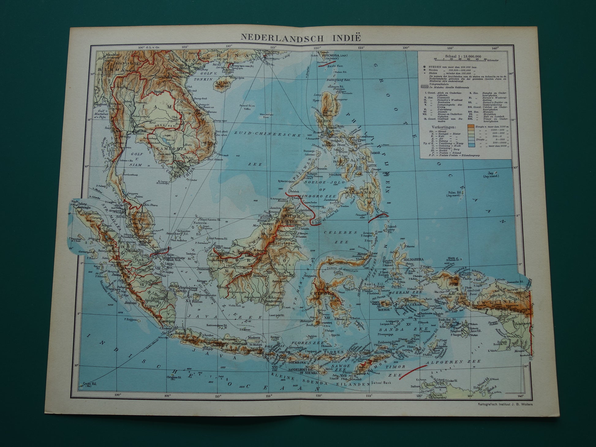 INDONESIË oude kaart van Indonesië Filipijnen Zuidoost-Azië 1937 originele vintage Nederlandse landkaart Nederlandsch Indië Batavia Atjeh Java