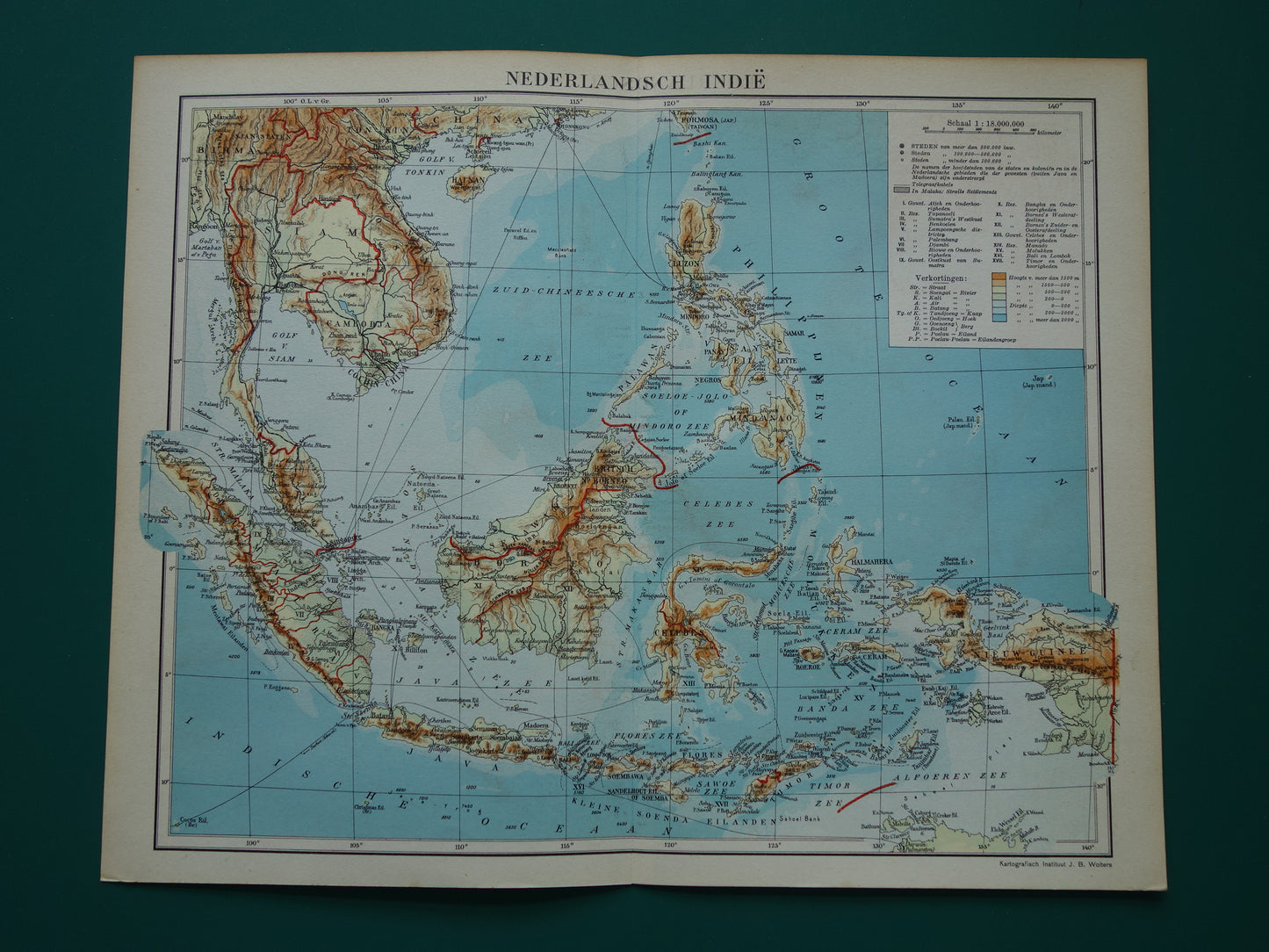 INDONESIË oude kaart van Indonesië Filipijnen Zuidoost-Azië 1937 originele vintage Nederlandse landkaart Nederlandsch Indië Batavia Atjeh Java
