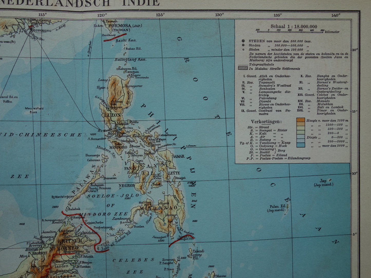 INDONESIË oude kaart van Indonesië Filipijnen Zuidoost-Azië 1937 originele vintage Nederlandse landkaart Nederlandsch Indië Batavia Atjeh Java