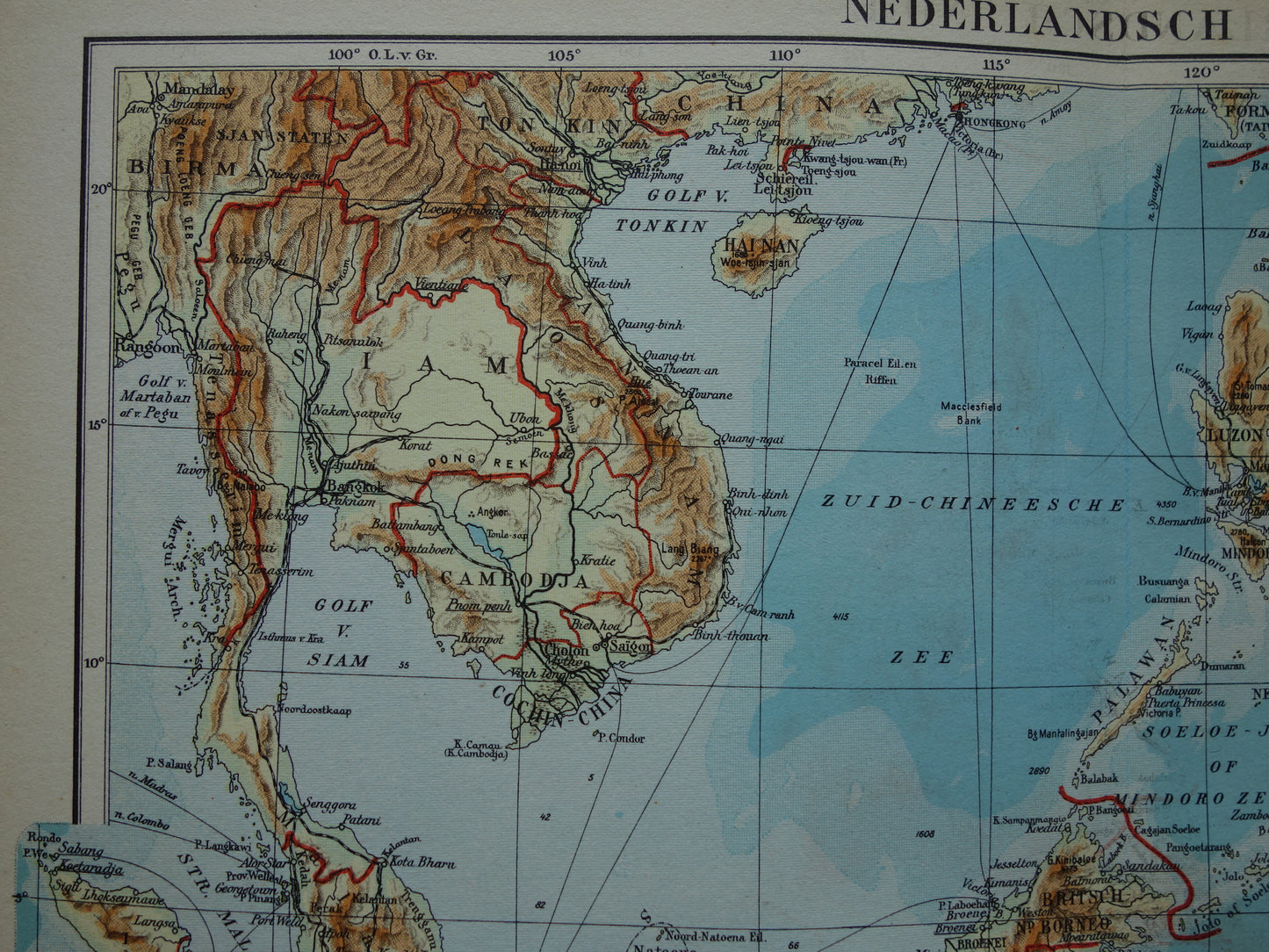 INDONESIË oude kaart van Indonesië Filipijnen Zuidoost-Azië 1937 originele vintage Nederlandse landkaart Nederlandsch Indië Batavia Atjeh Java