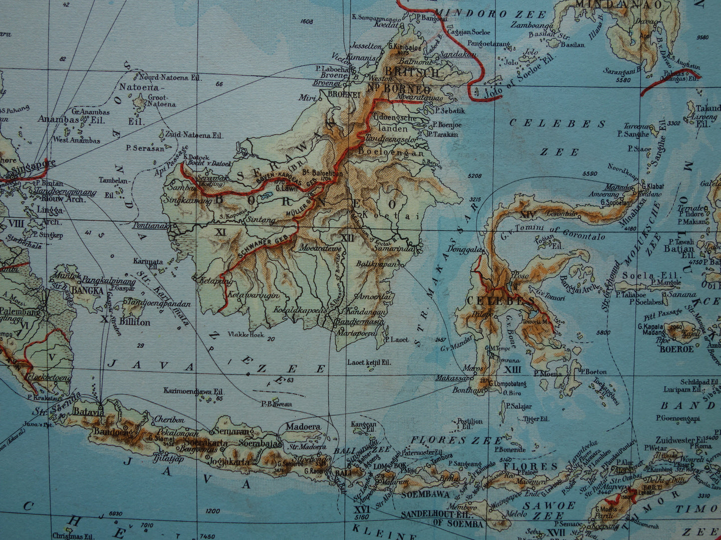 INDONESIË oude kaart van Indonesië Filipijnen Zuidoost-Azië 1937 originele vintage Nederlandse landkaart Nederlandsch Indië Batavia Atjeh Java