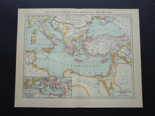 Byzantijnse Rijk oude landkaart van Oost Romeinse Rijk uit 1915 originele antieke Nederlandse kaart geschiedeniskaart