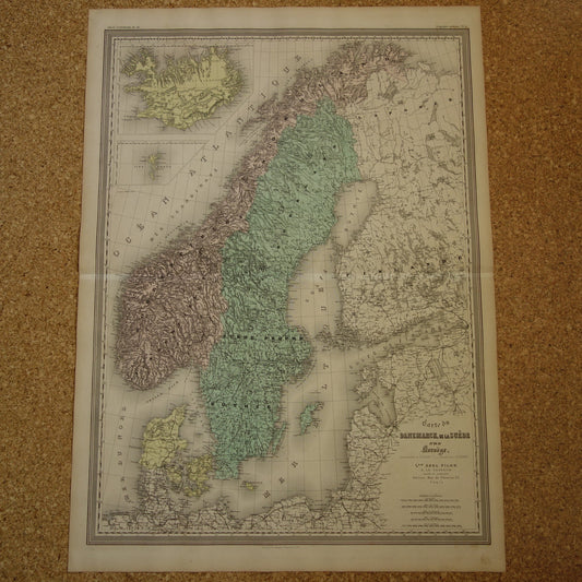 Grote oude landkaart van Noorwegen Zweden Denemarken uit 1880 originele antieke kaart vintage poster van Scandinavië