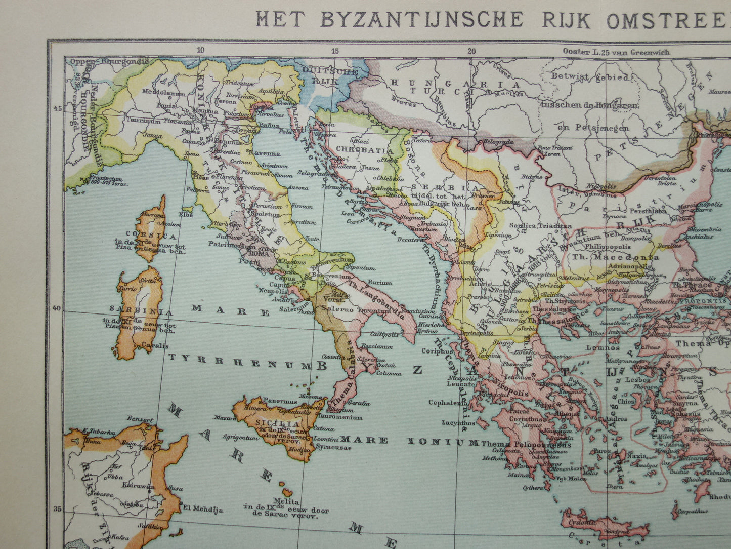 Byzantijnse Rijk oude landkaart van Oost Romeinse Rijk uit 1915 originele antieke Nederlandse kaart geschiedeniskaart