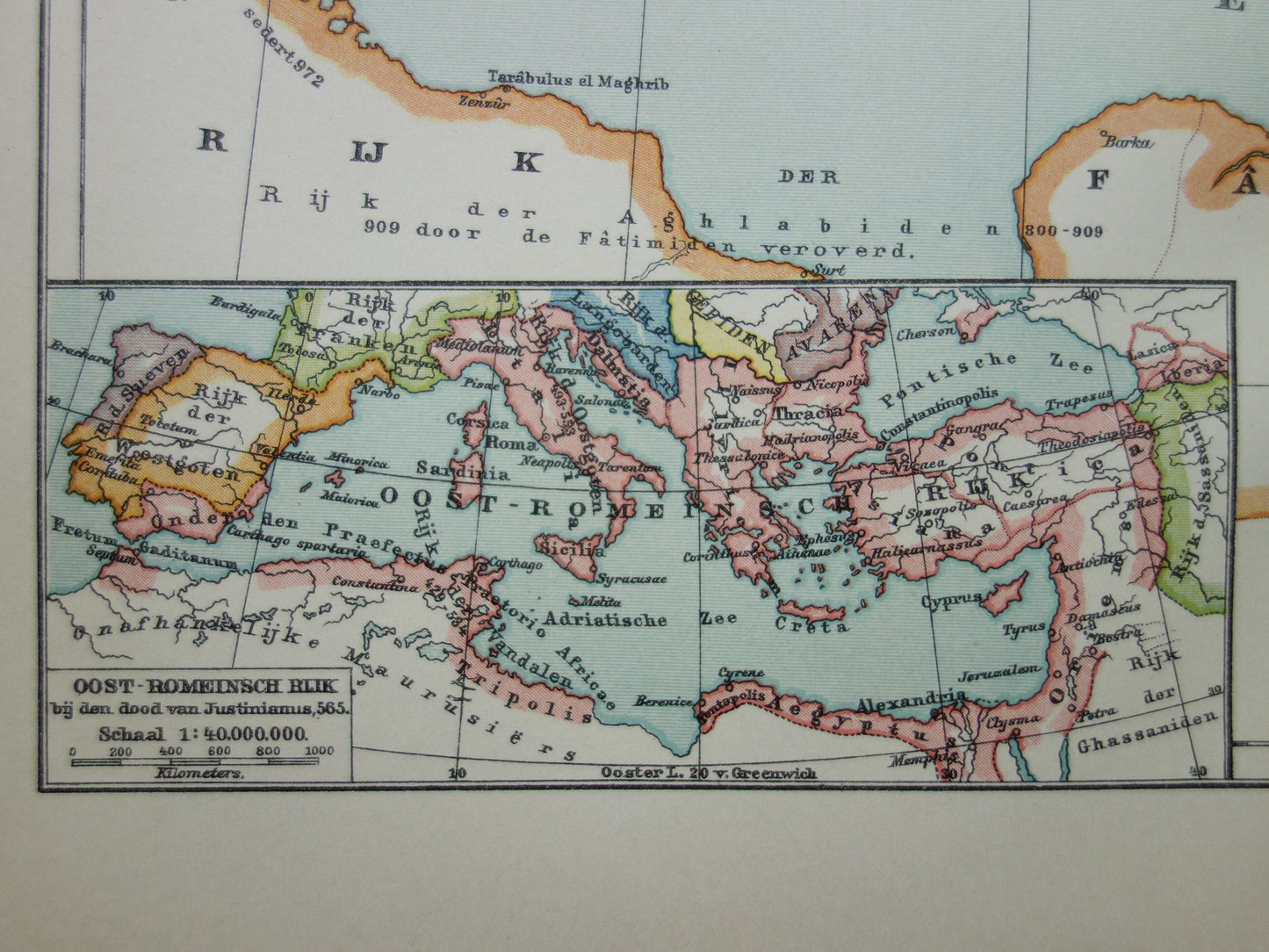 Byzantijnse Rijk oude landkaart van Oost Romeinse Rijk uit 1915 originele antieke Nederlandse kaart geschiedeniskaart