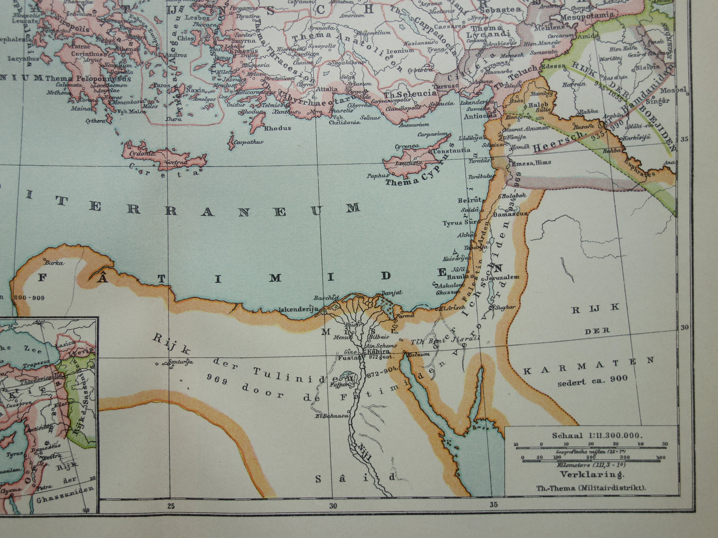 Byzantijnse Rijk oude landkaart van Oost Romeinse Rijk uit 1915 originele antieke Nederlandse kaart geschiedeniskaart
