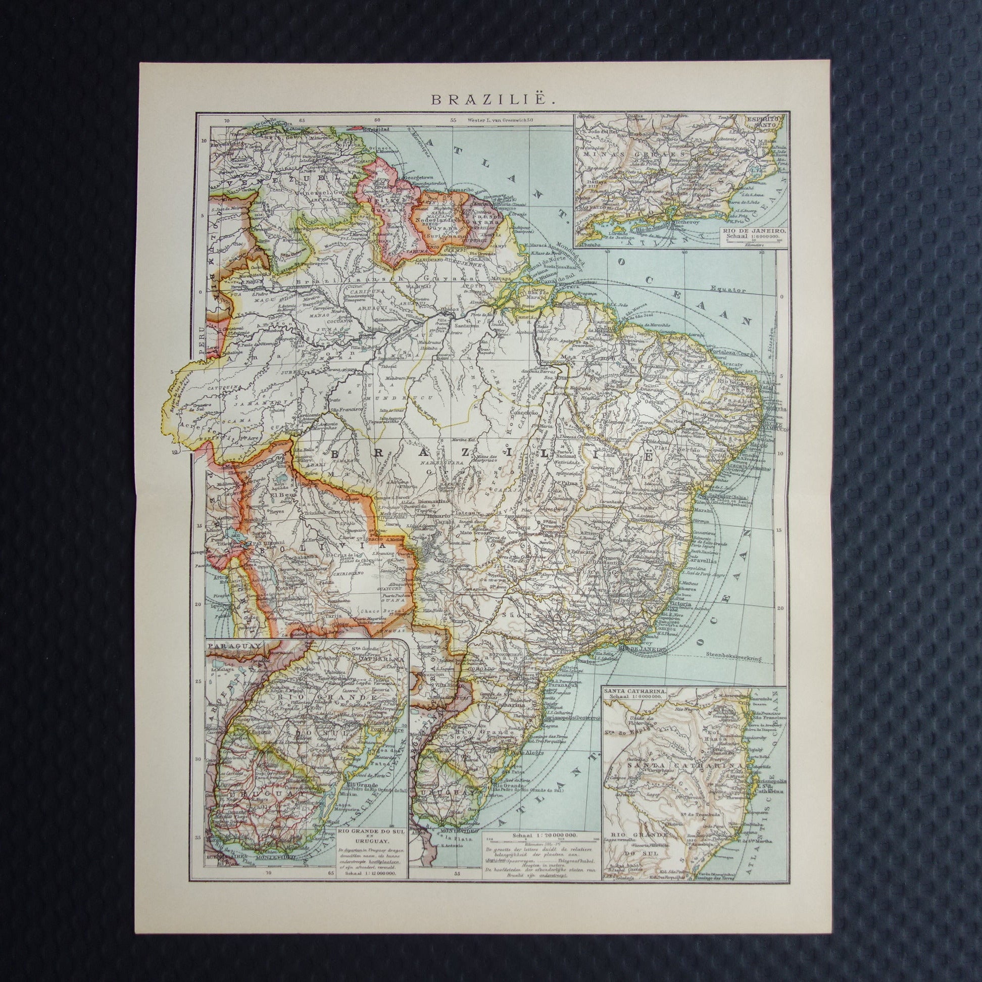 Brazilië oude landkaart van Brazilië uit 1915 originele antieke Nederlandse kaart Rio de Janeiro