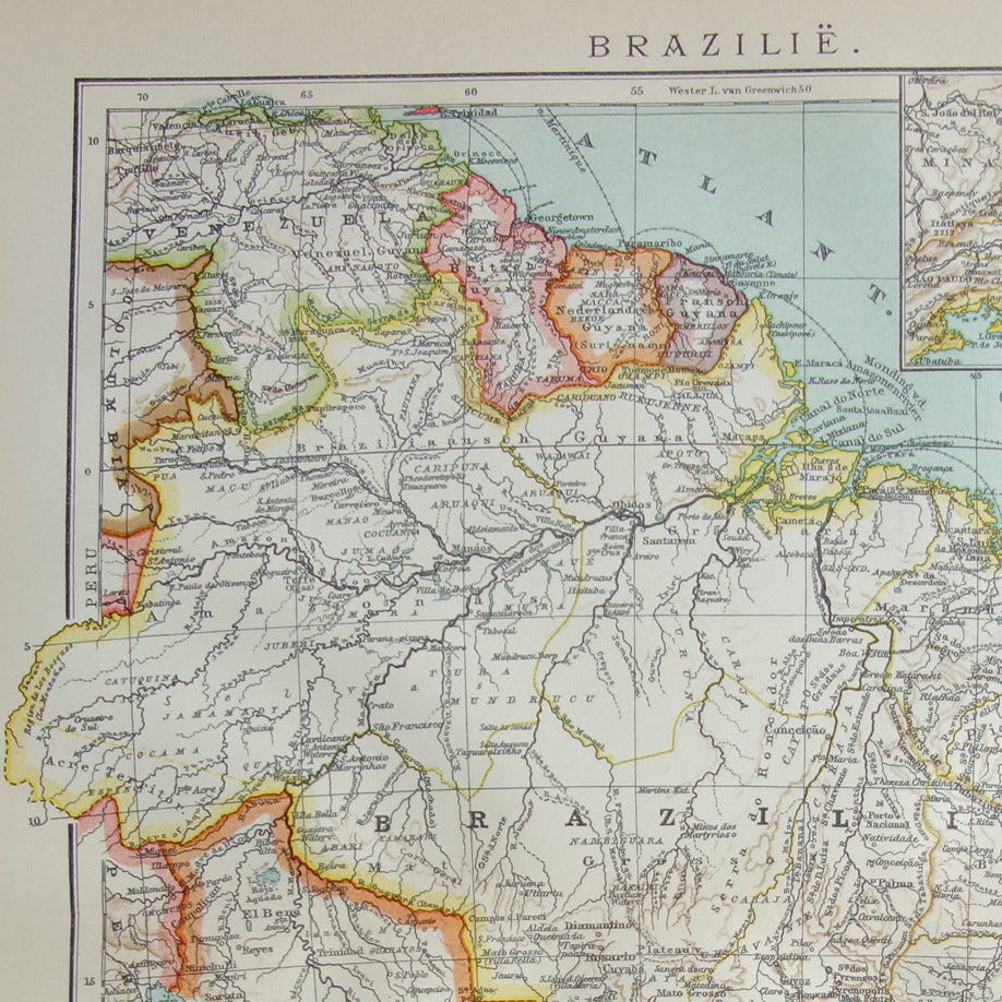 Brazilië oude landkaart van Brazilië uit 1915 originele antieke Nederlandse kaart Rio de Janeiro