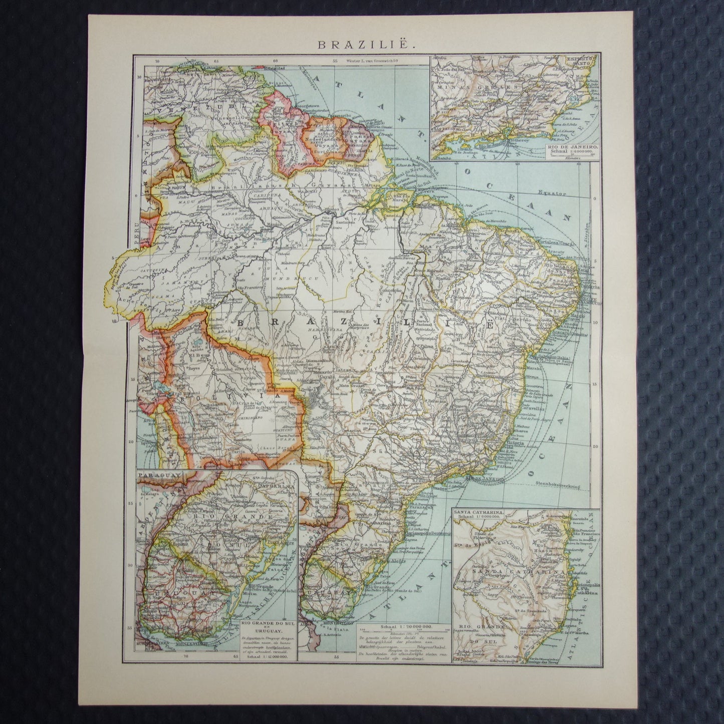 Brazilië oude landkaart van Brazilië uit 1915 originele antieke Nederlandse kaart Rio de Janeiro