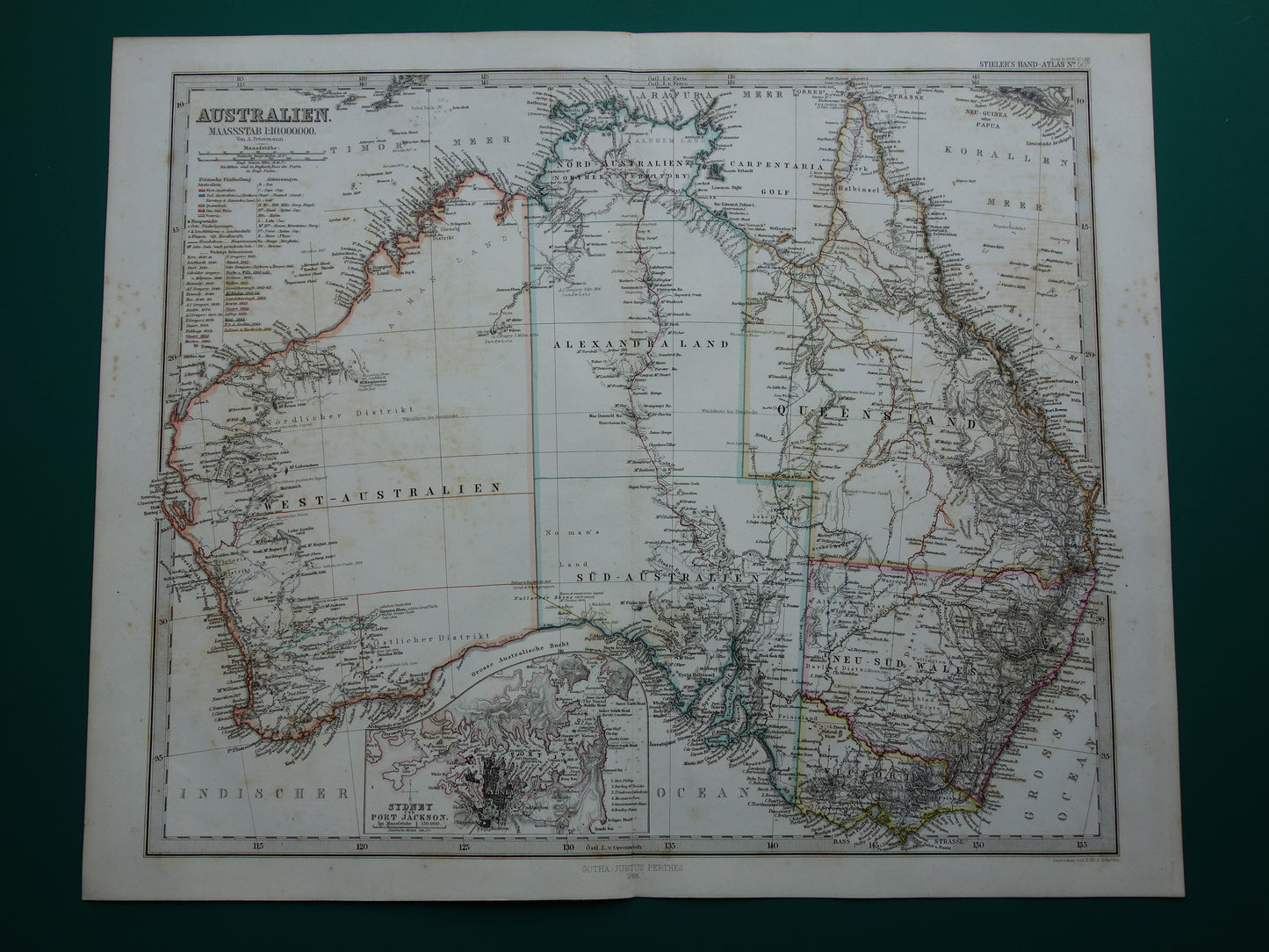 AUSTRALIE grote oude kaart van Australië in 1866 originele antieke Duitse landkaart - vintage landkaarten