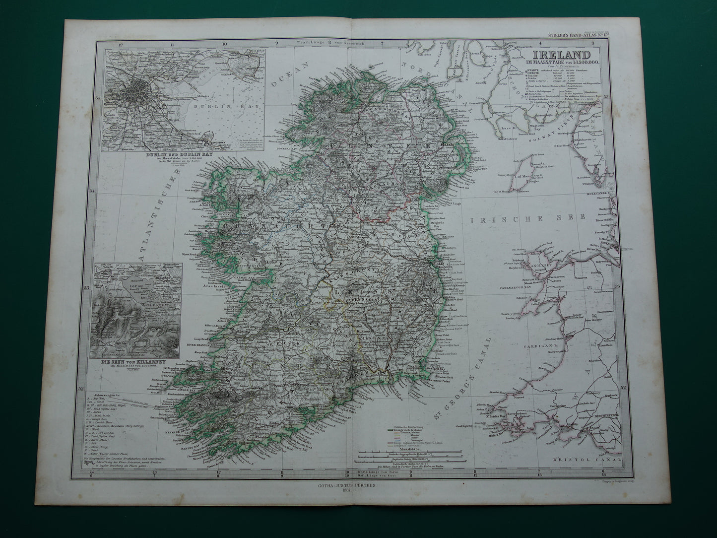 IERLAND oude kaart van Ierland 1867 originele antieke Duitse landkaart met jaartal