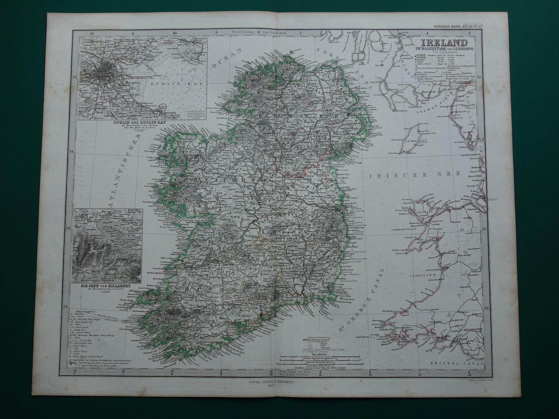 IERLAND oude kaart van Ierland 1867 originele antieke Duitse landkaart met jaartal