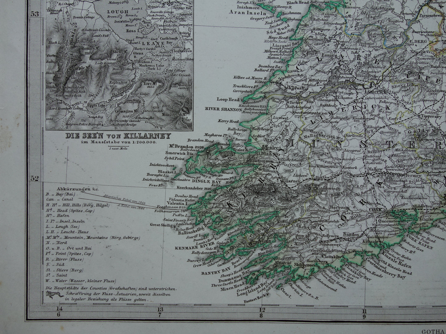 IERLAND oude kaart van Ierland 1867 originele antieke Duitse landkaart met jaartal