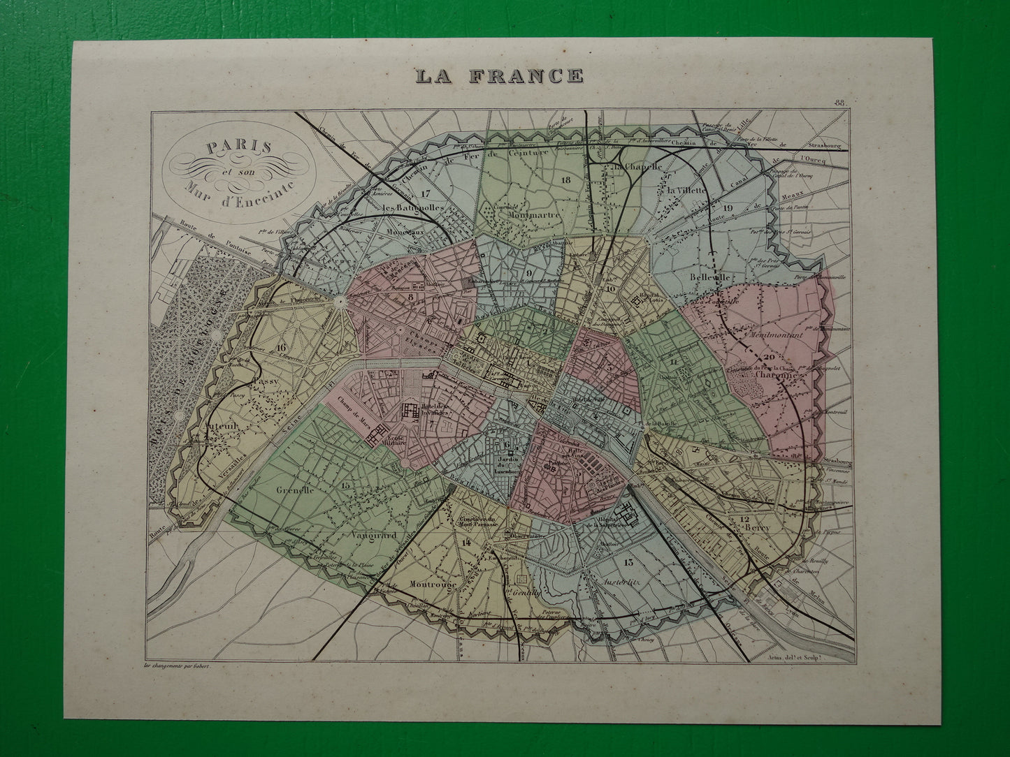 Oude kaart van Parijs uit 1870 Originele antieke plattegrond van Parijs