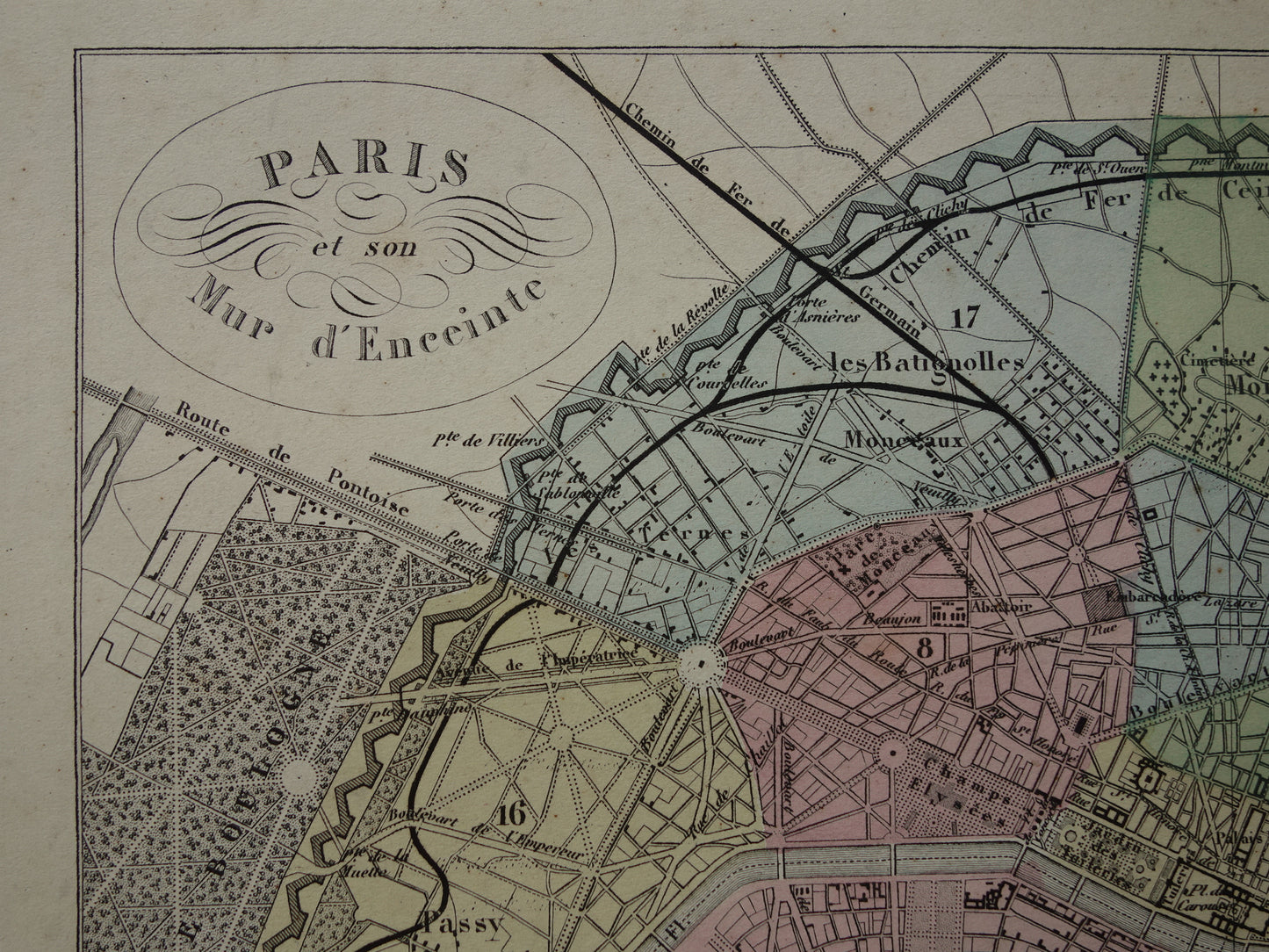 Oude kaart van Parijs uit 1870 Originele antieke plattegrond van Parijs