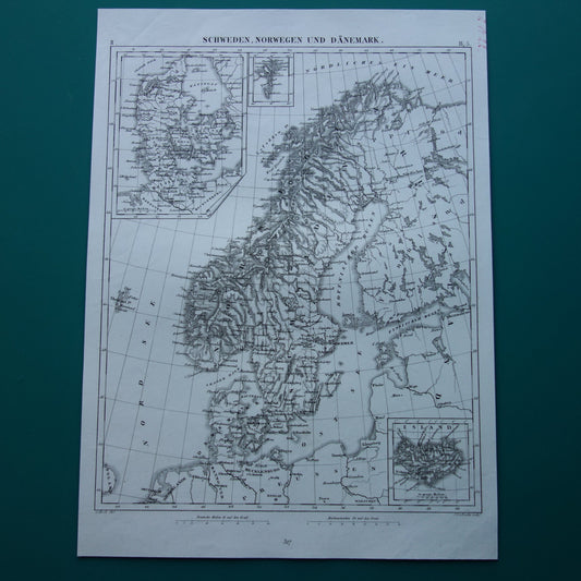 SCANDINAVIE antieke kaart van Zweden, Noorwegen en Denemarken 170+ jaar oude landkaart van Scandinavië uit 1849 - originele vintage historische kaarten