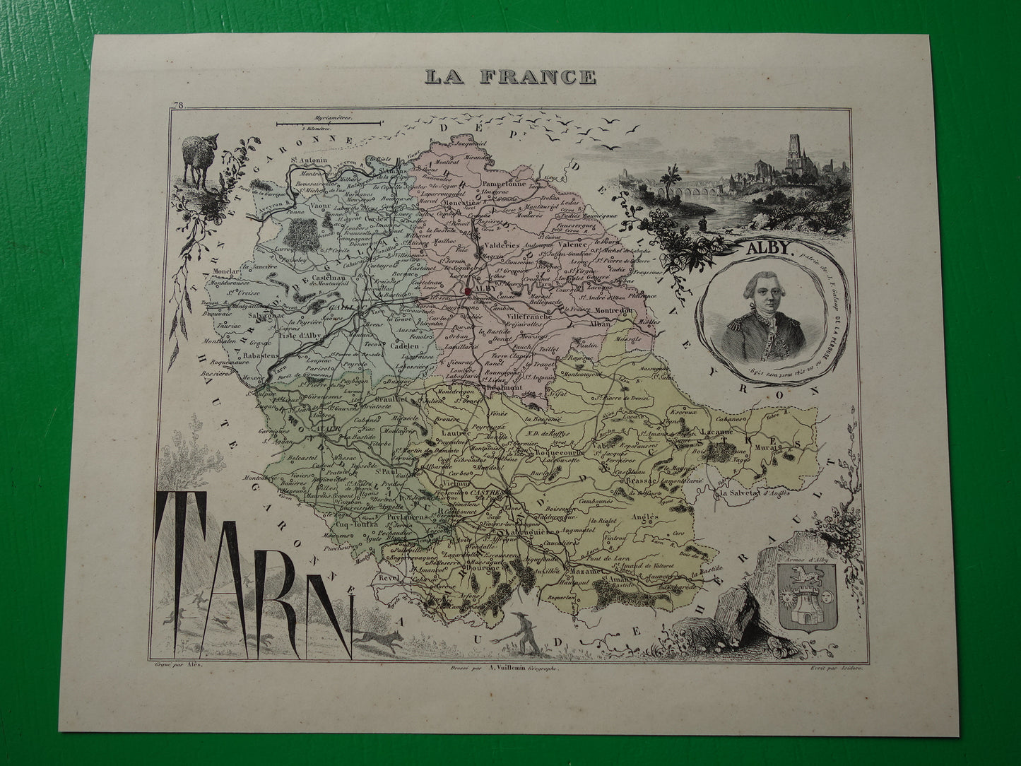 Oude kaart van TARN departement in Frankrijk uit 1870 originele antieke handgekleurde landkaart Albi Castres Gaillac Graulhet Carmaux
