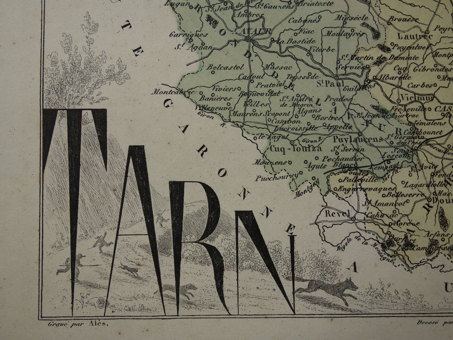Oude kaart van TARN departement in Frankrijk uit 1870 originele antieke handgekleurde landkaart Albi Castres Gaillac Graulhet Carmaux