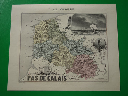 Oude kaart van Pas-de-Calais departement in Frankrijk uit 1870 originele vintage handgekleurde landkaart Arras