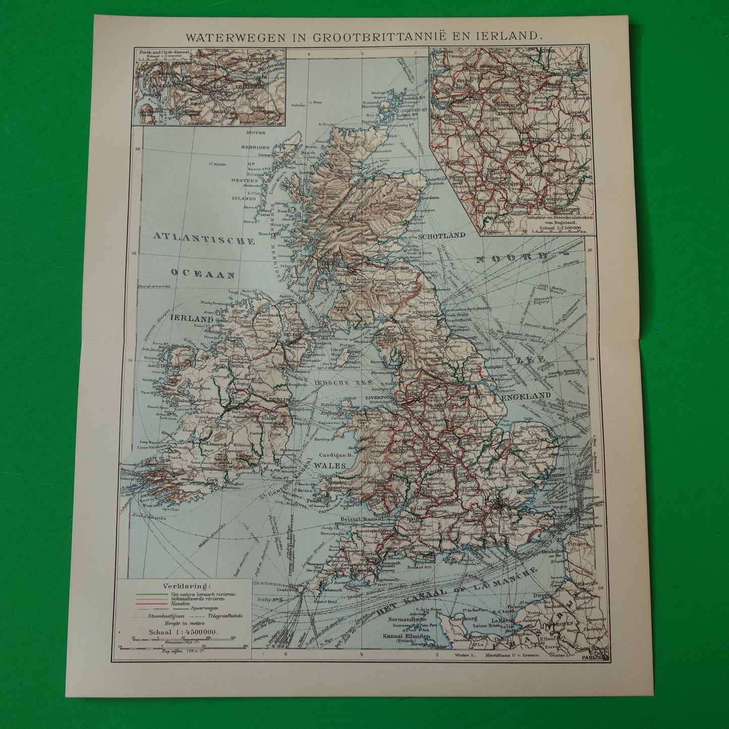 Oude kaart vaarroutes van Verenigd Koninkrijk en Ierland uit 1917 originele antieke Nederlandse landkaart waterwegen kanalen rivieren Groot-Britannië