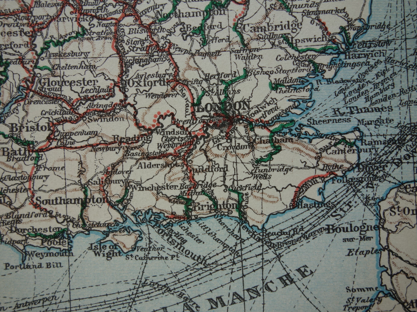 Oude kaart vaarroutes van Verenigd Koninkrijk en Ierland uit 1917 originele antieke Nederlandse landkaart waterwegen kanalen rivieren Groot-Britannië