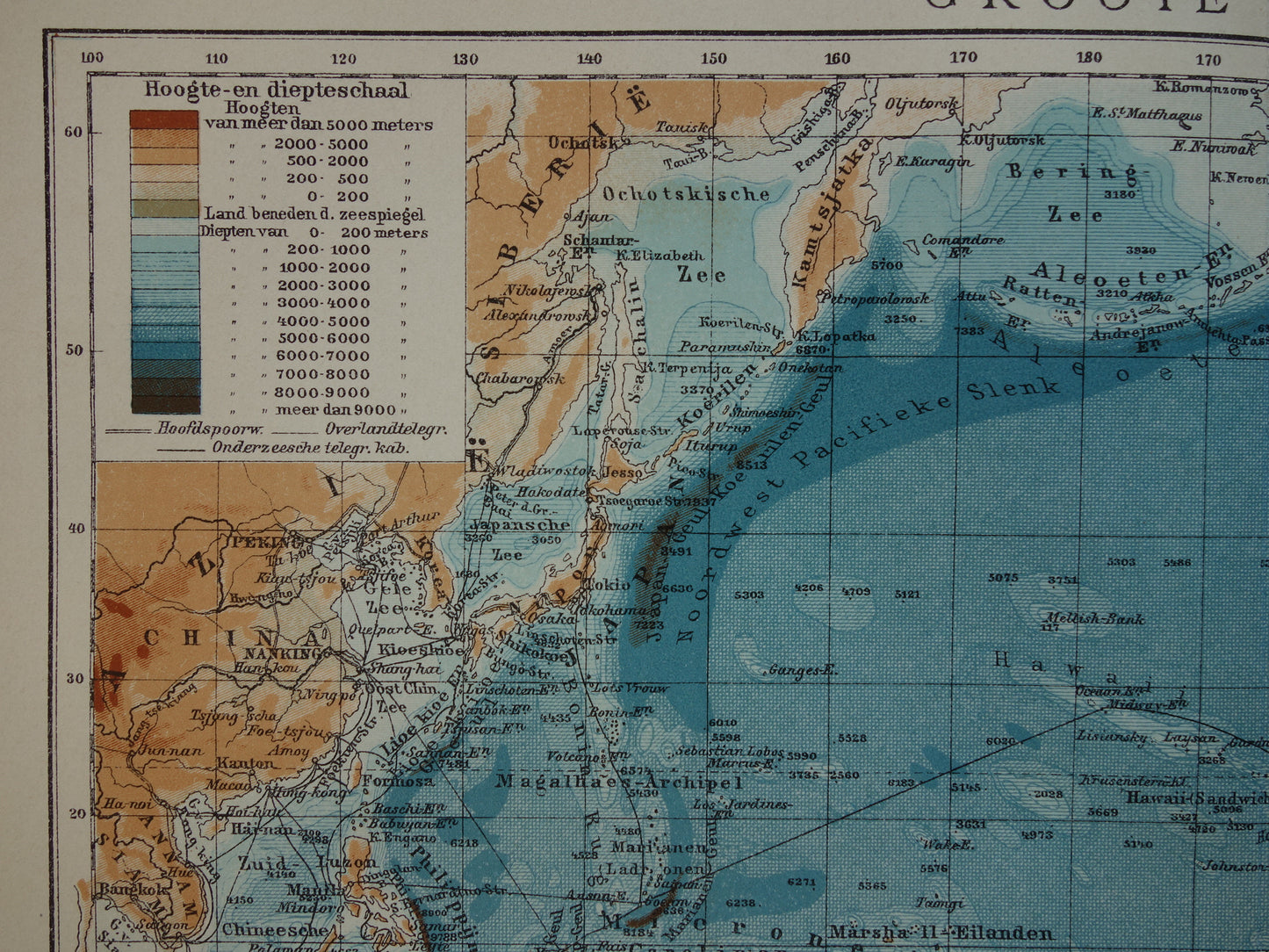 Oude kaart van de Grote Oceaan Originele 105+ jaar oude antieke Nederlandse landkaart Pacific