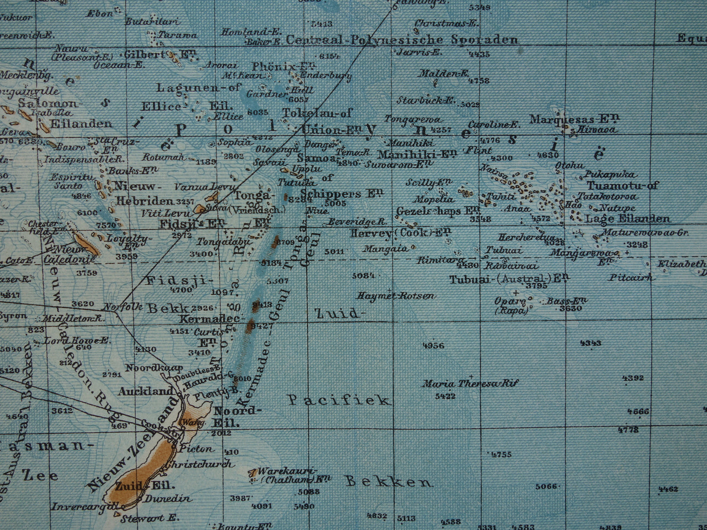 Oude kaart van de Grote Oceaan Originele 105+ jaar oude antieke Nederlandse landkaart Pacific