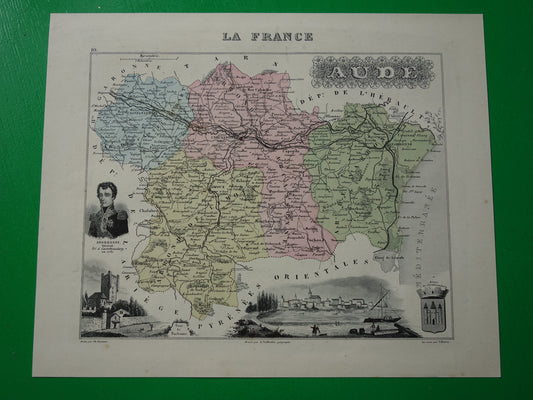 AUDE departement Frankrijk oude kaart 1870 originele antieke landkaart Carcassone Narbonne historische kaarten