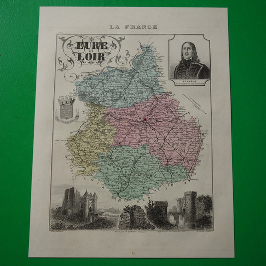 Eure et Loir departement Frankrijk oude kaart 1880 originele antieke landkaart Chartres Chateau Saint Jean Nogent-le-Rotrou historische kaarten