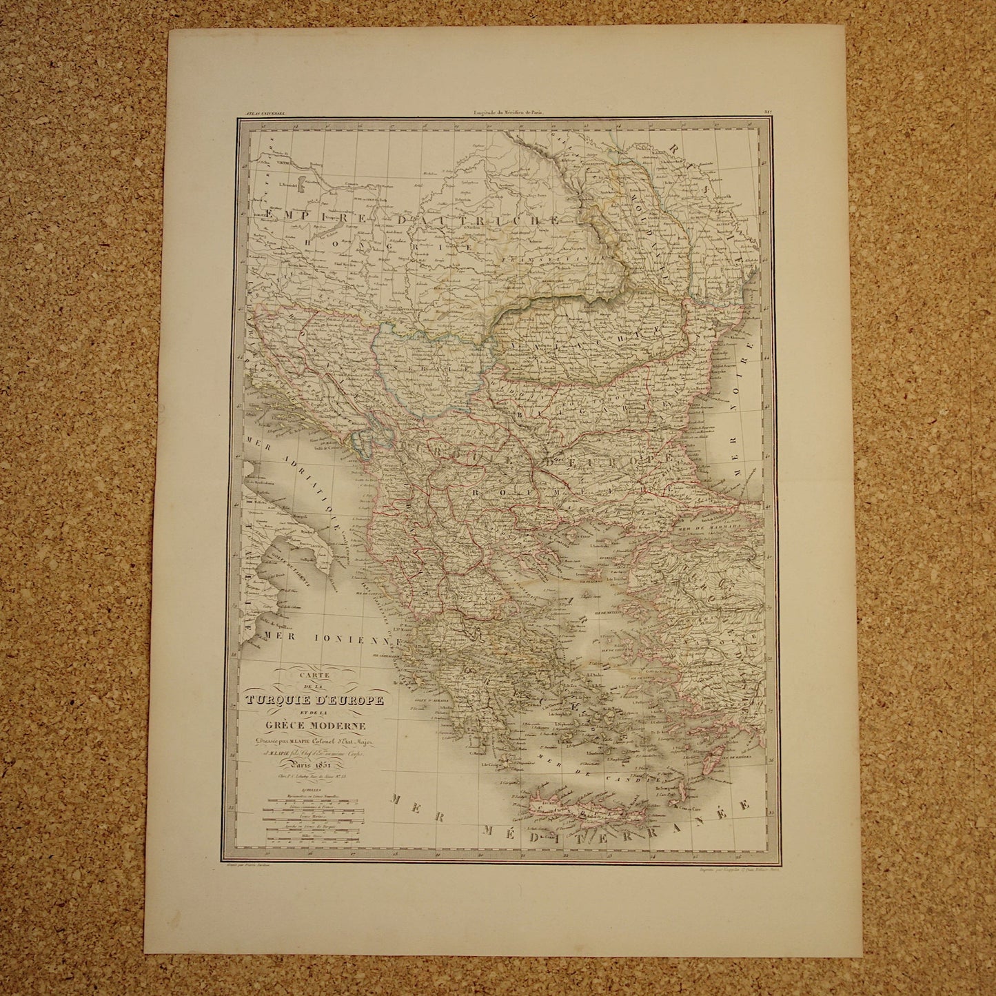 Oude kaart Griekenland en Turkse Rijk in de Balkan in 1851 - Antieke Franse kaart Turkije Servië Roemenië - handgekleurde vintage landkaarten