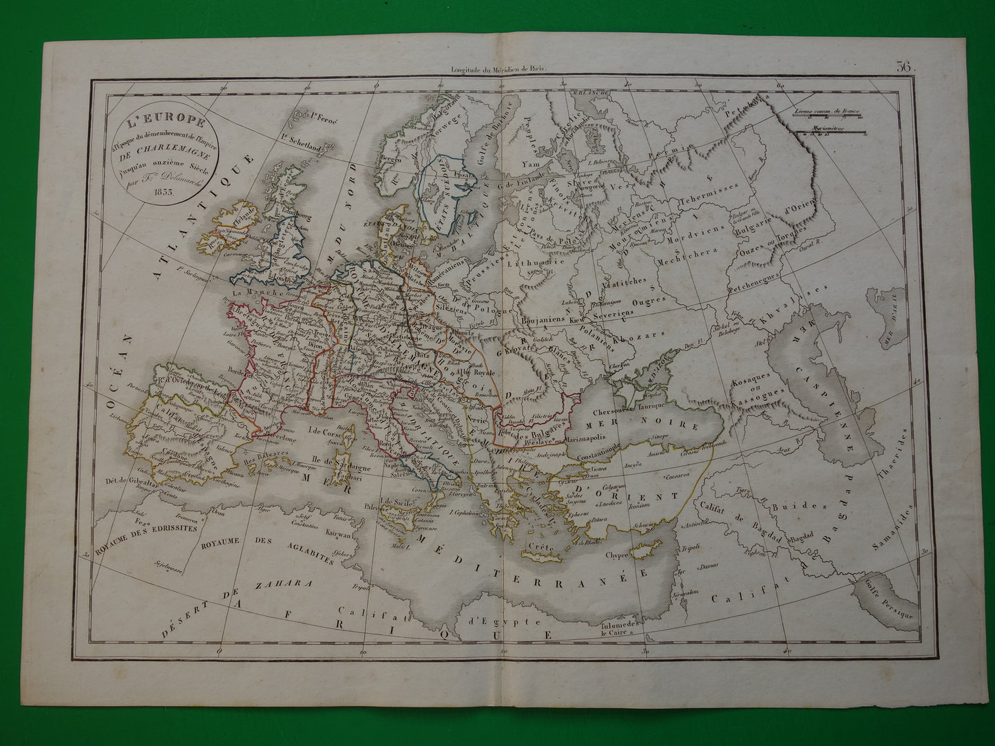 Oude kaart van EUROPA na dood Karel de Grote uit 1833 antieke landkaart van continent 9e t/m 11e eeuw originele vintage historische kaarten Rijk Carolus Magnus