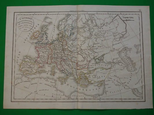Oude kaart van EUROPA na dood Karel de Grote uit 1833 antieke landkaart van continent 9e t/m 11e eeuw originele vintage historische kaarten Rijk Carolus Magnus