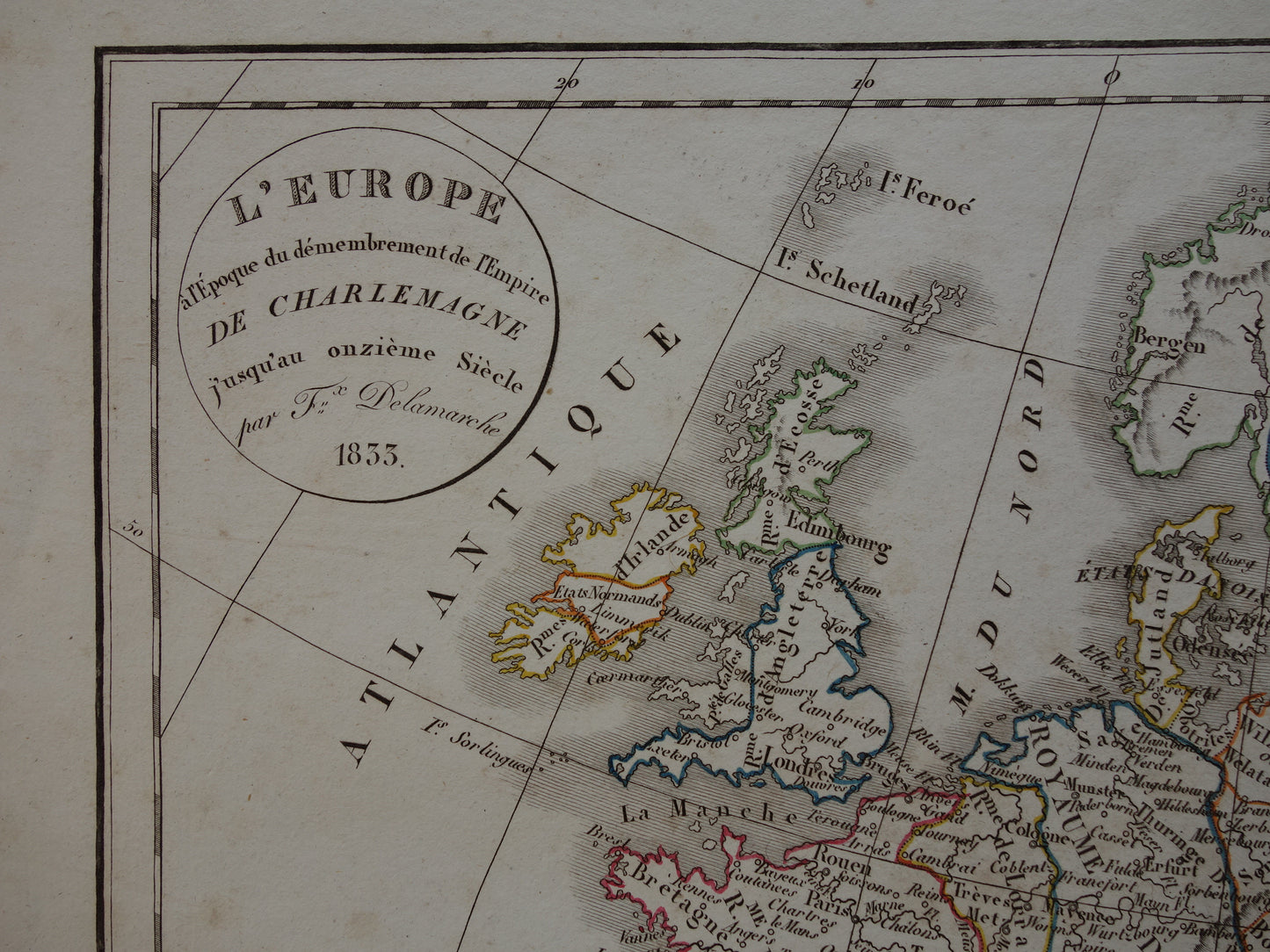 Oude kaart van EUROPA na dood Karel de Grote uit 1833 antieke landkaart van continent  9e t/m 11e eeuw originele vintage historische kaarten Rijk Carolus Magnus