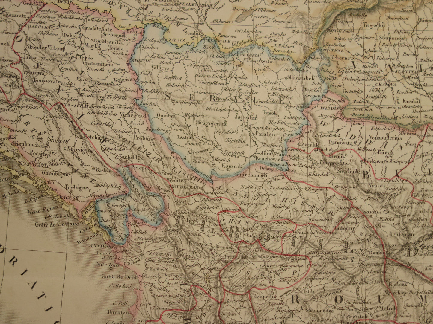 Oude kaart Griekenland en Turkse Rijk in de Balkan in 1851 - Antieke Franse kaart Turkije Servië Roemenië - handgekleurde vintage landkaarten