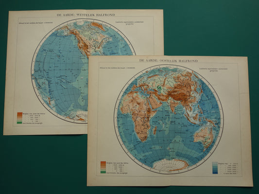 Oude Wereldkaart uit 1932 - originele vintage Nederlandse kaart van de wereld - dubbele hemisfeer set van twee kaarten