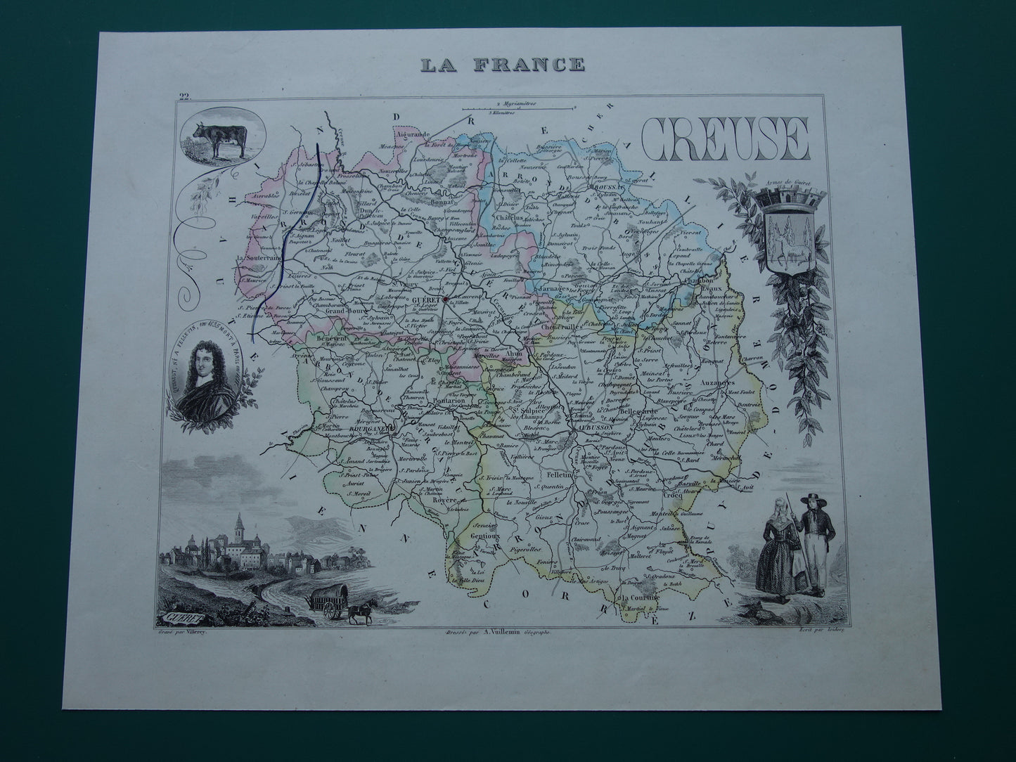 CREUSE Kaart van Creuse departement in Frankrijk uit 1856 originele antieke oude handgekleurde landkaart Guéret