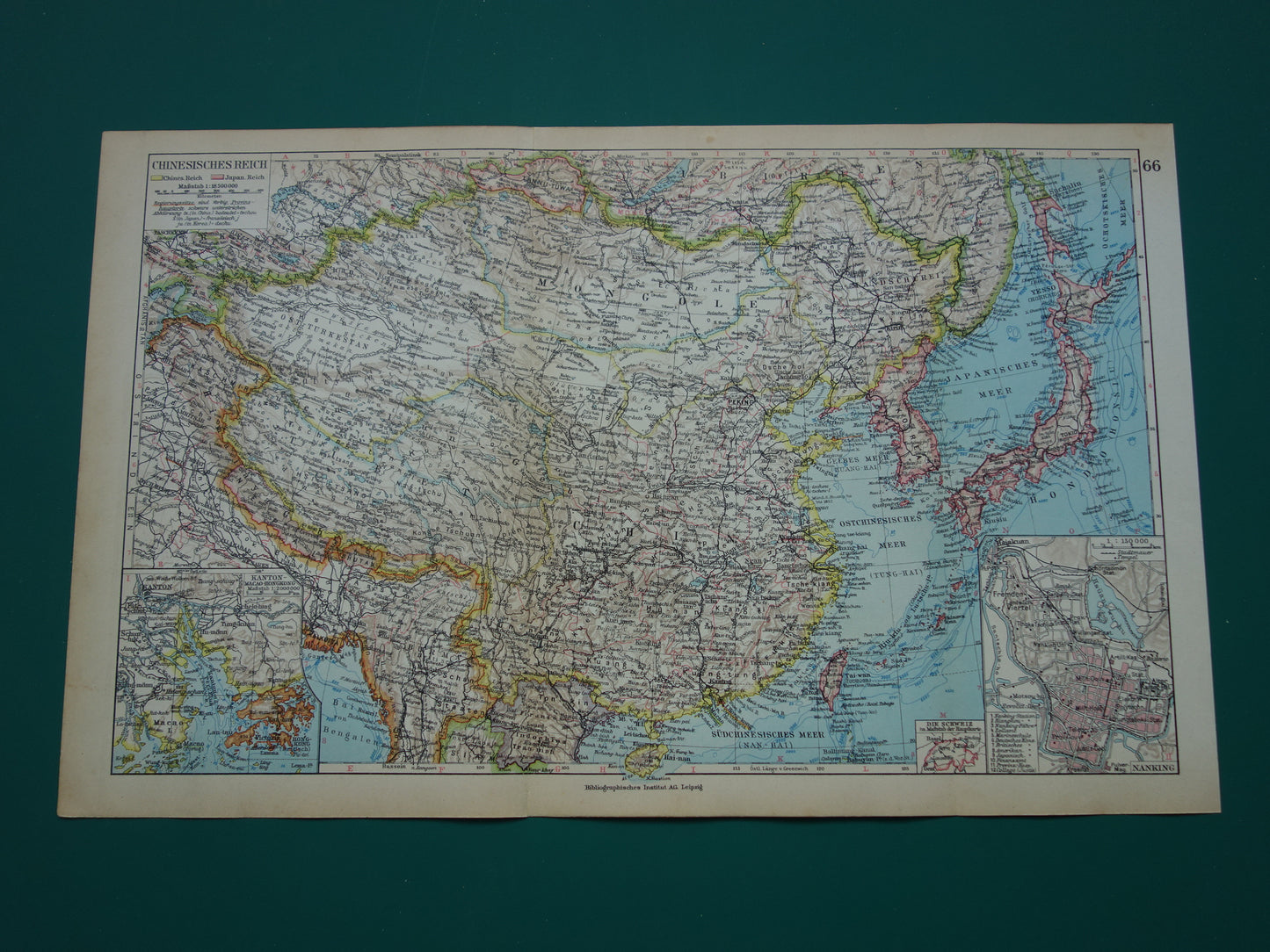 CHINA Vintage landkaart uit 1928 originele oude kaart Chinese Rijk Nanking Nanjing Japan