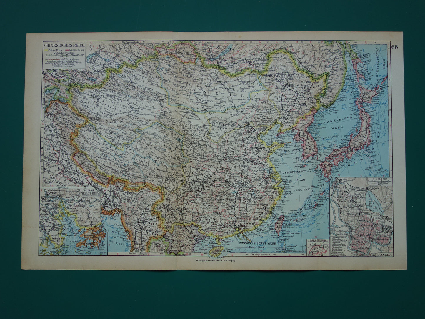 CHINA Vintage landkaart uit 1928 originele oude kaart Chinese Rijk Nanking Nanjing Japan